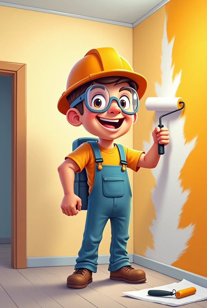 Man Painting Wall with Roller and Smiling PPE in Cartoon