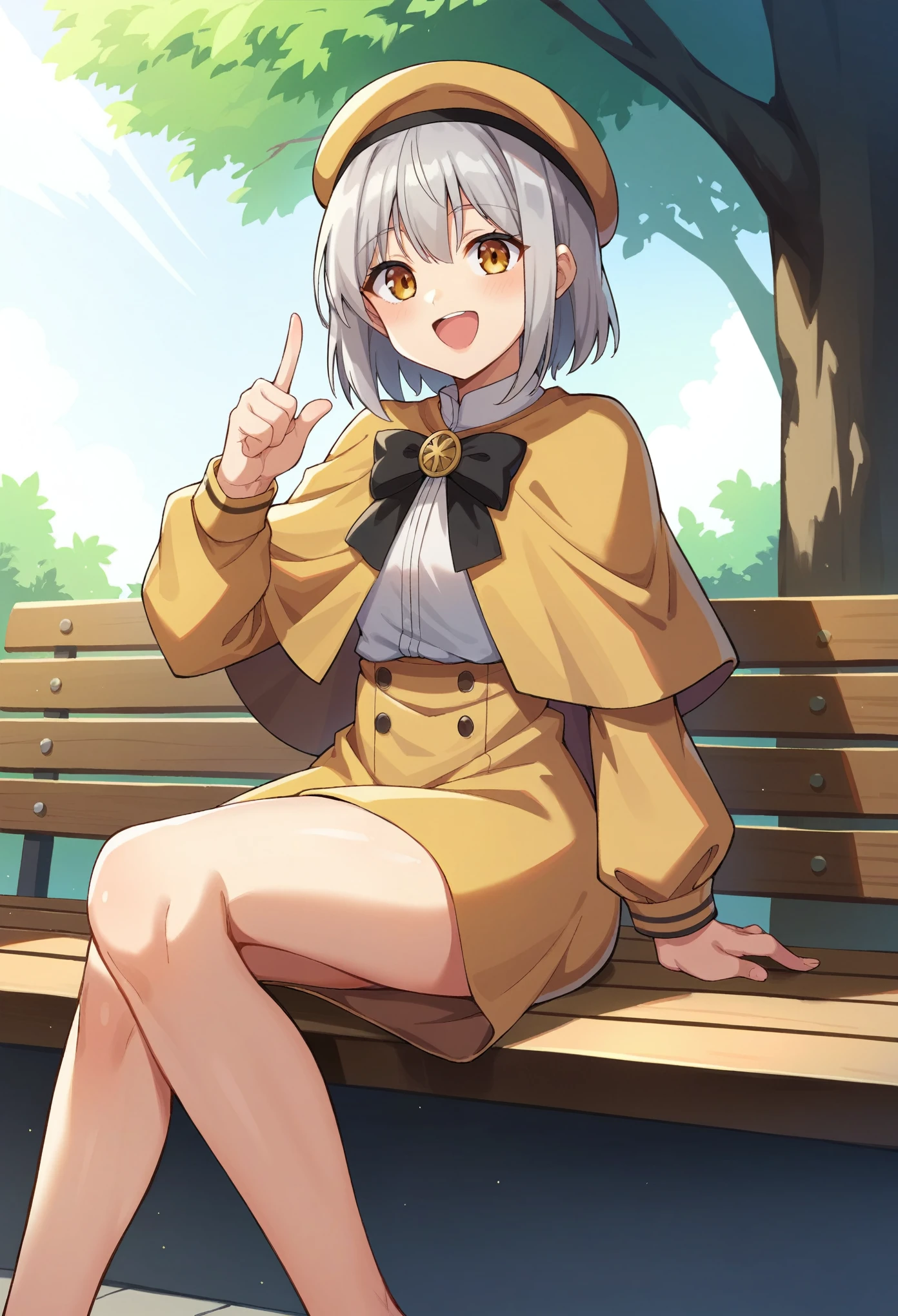 (masterpiece:1.2, Highest quality),Visible from the knees to the head, ,Golden Eyes,Drooping eyes,smile,Laughing with open mouth,(Silver Hair),Wearing a beret,Beige dress with gold trim,Short cape,Black Ribbon,Tree-lined street,Sitting on a bench,Stick out your index finger