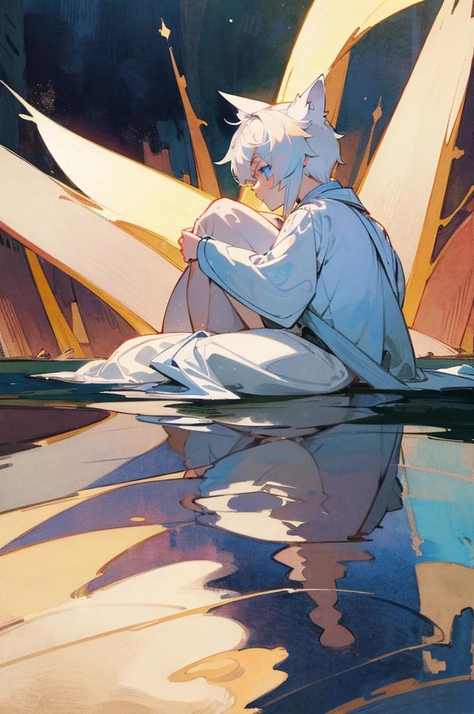 Boy with fox ears, white hair and big blue eyes with lots of reflections and lights in them, dressed in a humble medieval way, sitting on the ground of the beautiful forest, looking back. Super detailed drawing with lots of lights and shading, angle very close to the face. Renaissance painting style, watercolor with pastel colors. Genshin impact style