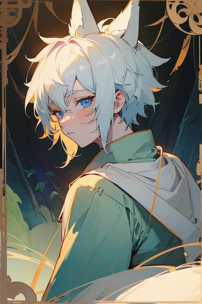 Boy with fox ears, white hair and big blue eyes with lots of reflections and lights in them, dressed in a humble medieval way, sitting on the ground of the beautiful forest, looking back. Super detailed drawing with lots of lights and shading, angle very close to the face. Renaissance painting style, watercolor with pastel colors. Genshin impact style