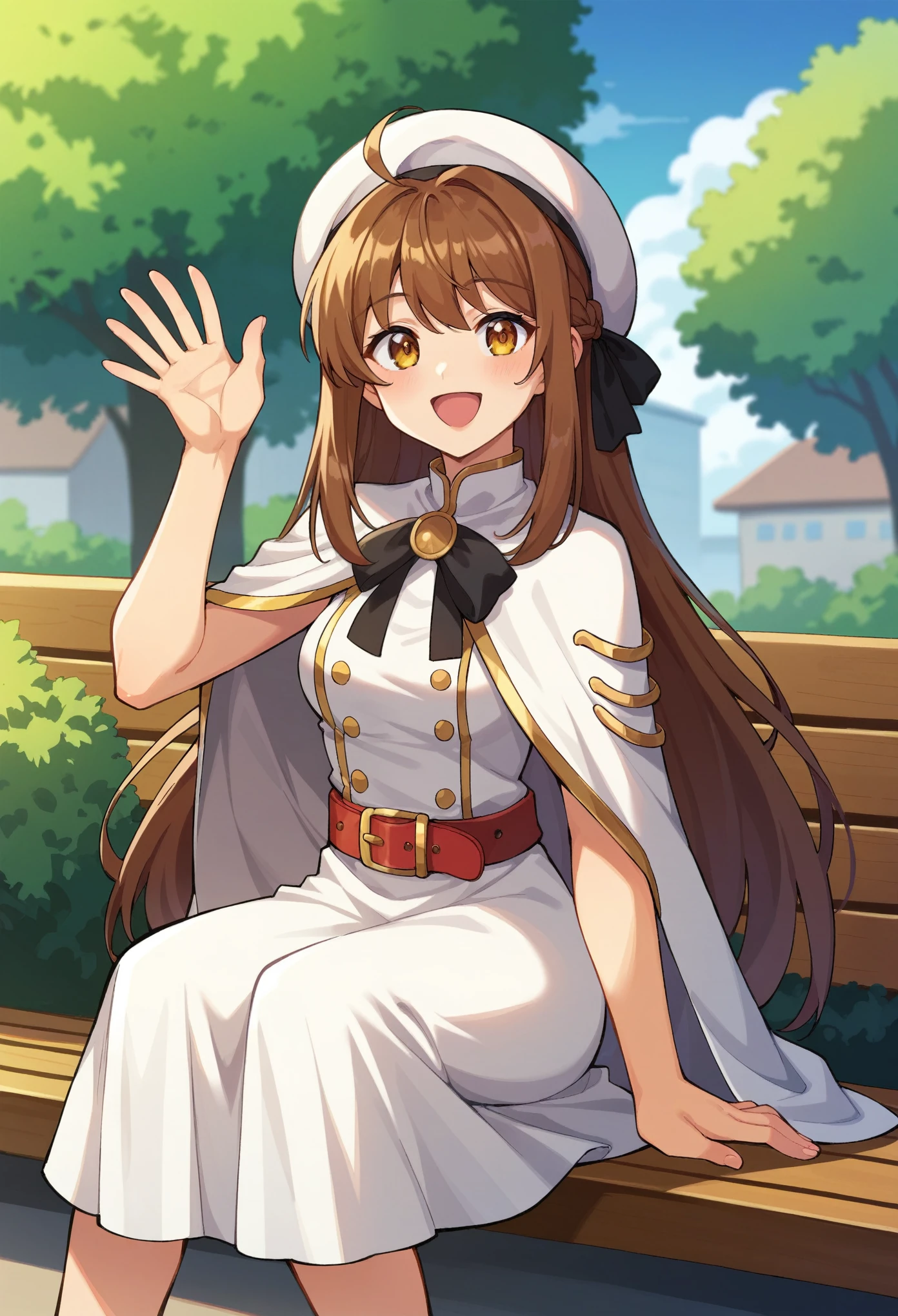 (masterpiece:1.2, Highest quality),Visible from the knees to the head, ,Golden Eyes,Drooping eyes,smile,Laughing with open mouth,(Brown Hair),Intake,Long Hair,Wearing a beret,White dress with gold trim,Short white cape,Red Belt,Black Ribbon,Tree-lined street,Sitting on a bench,Waving