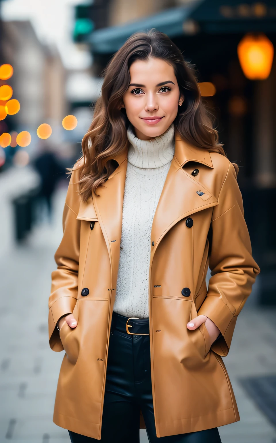 beautiful brunette, woman in brown coat standing on city sidewalk with lights, sophisticated young woman wearing a brown leather coat, woman is in an overcoat, Attractive  woman, photoshot de uma mulher, woman in business suit, well-lit proffesional photo, wearing a fancy jacket, brown jacket, middle portrait of a beautiful, 60mm portrait,  wearing a long coat, yellow sweater (taking cammmmm, very detailled, 21 years, inoccent face, natural wavy hair, blue colored eyes, high resolution, work of art, best qualityer, details Intricate, highy detailed, sharp focus, skin detailed, realisitic skin texture, texture, detailedeyes, proffesional, 4K, charming smile, shot in Canon, 85mm, Shallow depth of field, Cores Kodak Vision, perfect shape body,  extremely detaild, photoshot_\(ultra\), photorealisitic, realisitic, Post-processing, Maximum details, roughness, real-life, ultra realisitic, photoshotrrealismo, photoshotgrafia, 8k hd, photoshotgrafia