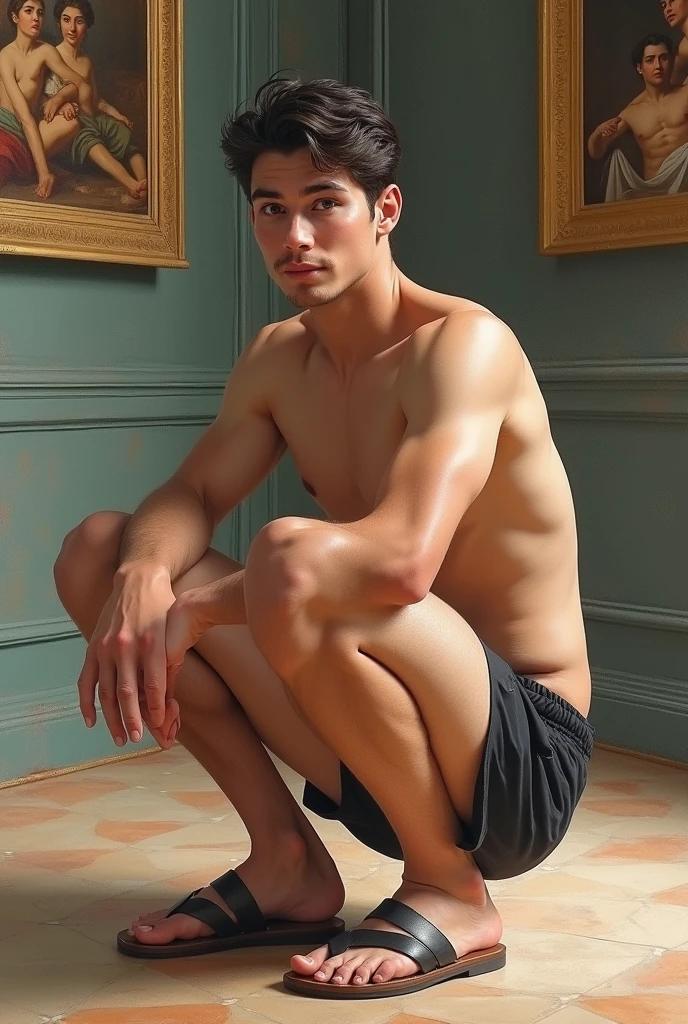 illustration, a young man inside a museum of baroque paintings,
Two styles, the subject in watercolor style soft pastel colors young man athletic toned slender muscular symmetrical divine proportions, oval face large eyes thin lips thin nose heart-shaped chin brown eyes, short straight black hair, hairy body, muscular legs, muscular glutes, cinnamon wings , Italian,  narrow waist, broad shoulders, muscular breasts, perfect feet, shirtless, with sandals, and very small black shorts,, She is crouching smiling very sexy looking straight at the camera, the look expresses lust, seduction, desire, passion, instincts the background in oil painting style intense cold hard colors, museo con pinturas  retratos Baroques  de hombres sin ropa 
escene superdetallada, masterpiece of realism+Baroque+romanticism, 8k resolution, intricate details, Highly detailed, the lights and shadows give it a sense of depth and drama