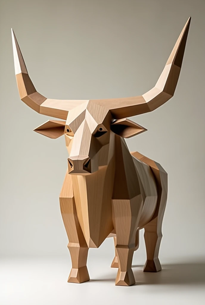 Generate an image of a bull wooden abstract craft sculpture minimalist artistic style. Make the horns long and pointy