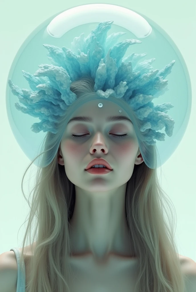 create an image showing a woman with long hair with an acrylic on her head containing water inside