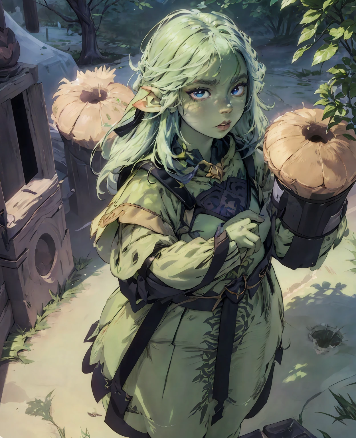 intricate portrait of Anya Taylor-Joy as a green-skinned goblin girl, beautiful detailed eyes, beautiful detailed lips, extremely detailed face, long eyelashes, pale skin, mischievous expression, forest background, detailed leaves and vines, fantasy, 8k, realistic, photorealistic, cinematic lighting, vibrant colors, digital art