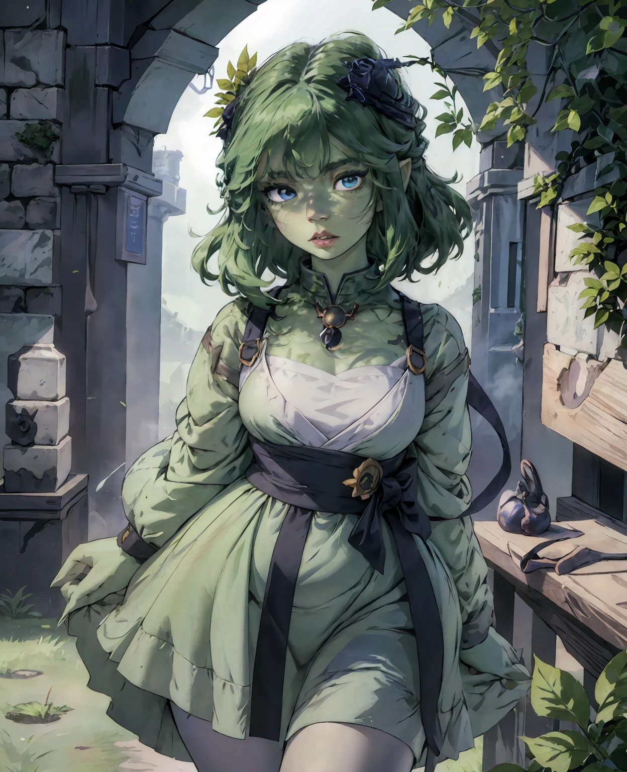 intricate portrait of Anya Taylor-Joy as a green-skinned goblin girl, beautiful detailed eyes, beautiful detailed lips, extremely detailed face, long eyelashes, pale skin, mischievous expression, forest background, detailed leaves and vines, fantasy, 8k, realistic, photorealistic, cinematic lighting, vibrant colors, digital art