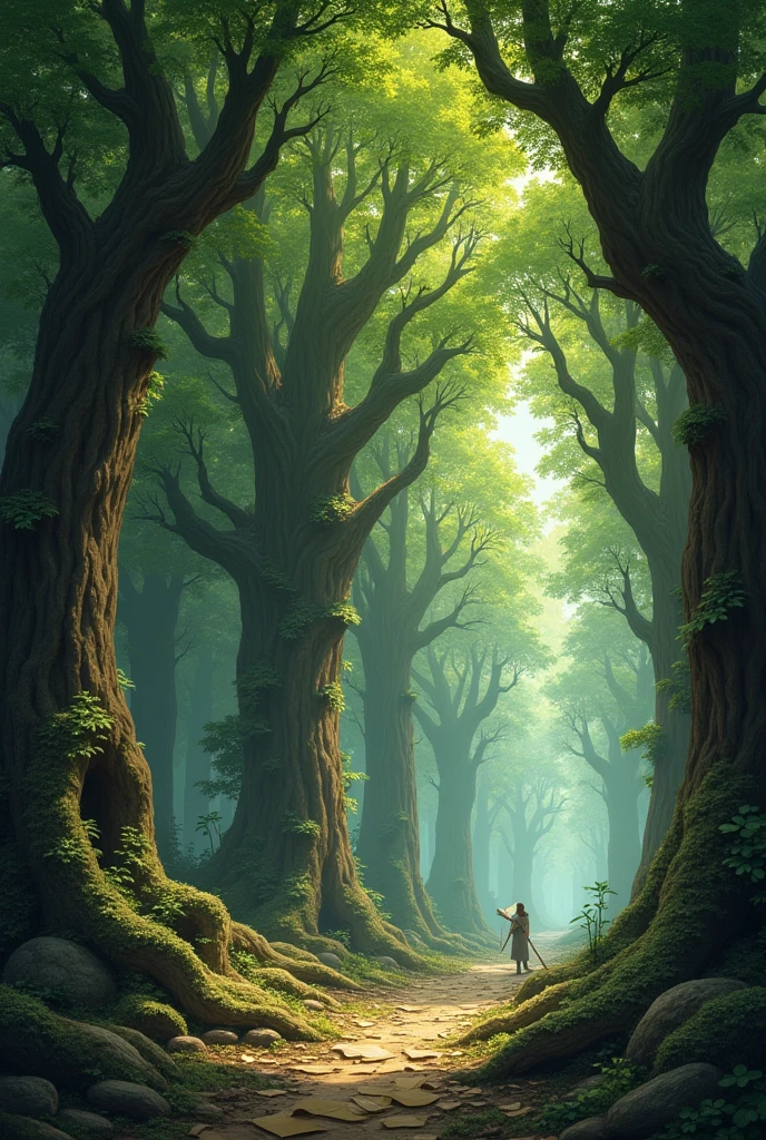 Create an illustration showing a dense and colorful forest, with trees whose leaves look like book pages, Merging nature with knowledge but not so much AI-created.