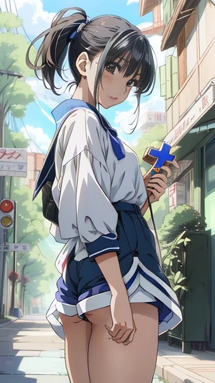 An anime girl wearing blue revealing micro underwear and holding a cross on the street, ponytail、I pulled my shorts down halfway.,Anime fantasy artwork, Detailed digital anime art, Lose Beautiful and detailed anime art, Detailed anime artwork, Advanced Digital Animation Art, Anime fantasy artwork, Popular on Art Station Pixiv, Flop Loss Draw, Fan Art Best Art Station