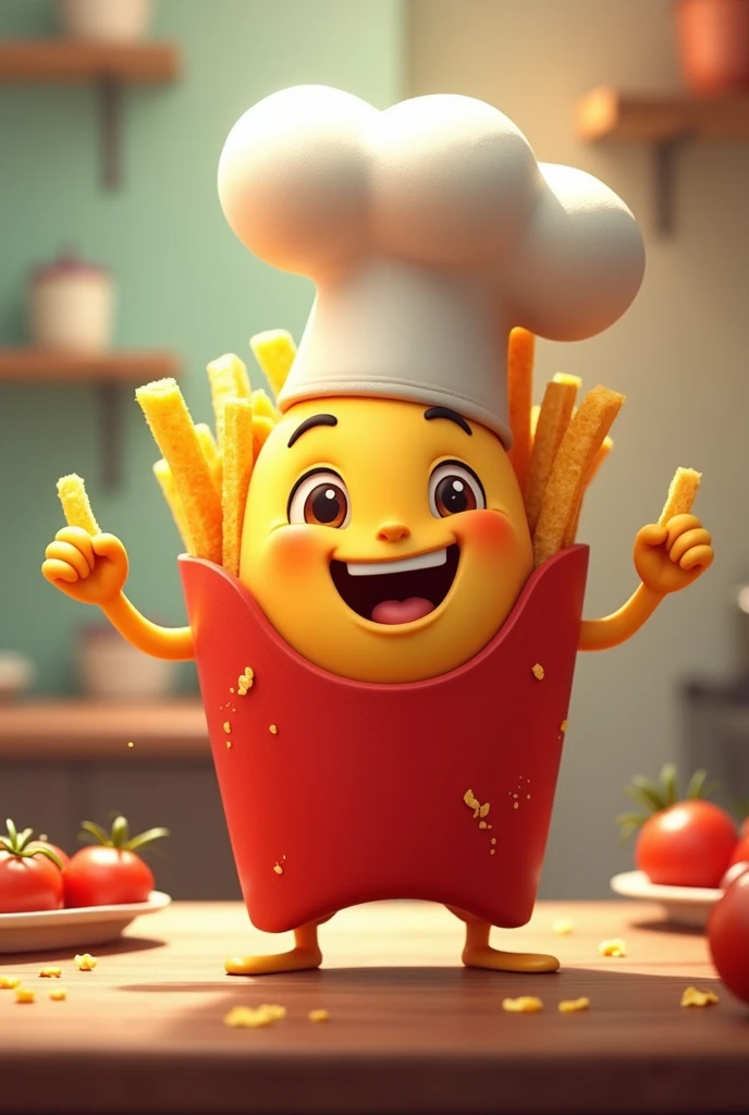 A smiling French fries with an animated chef hat