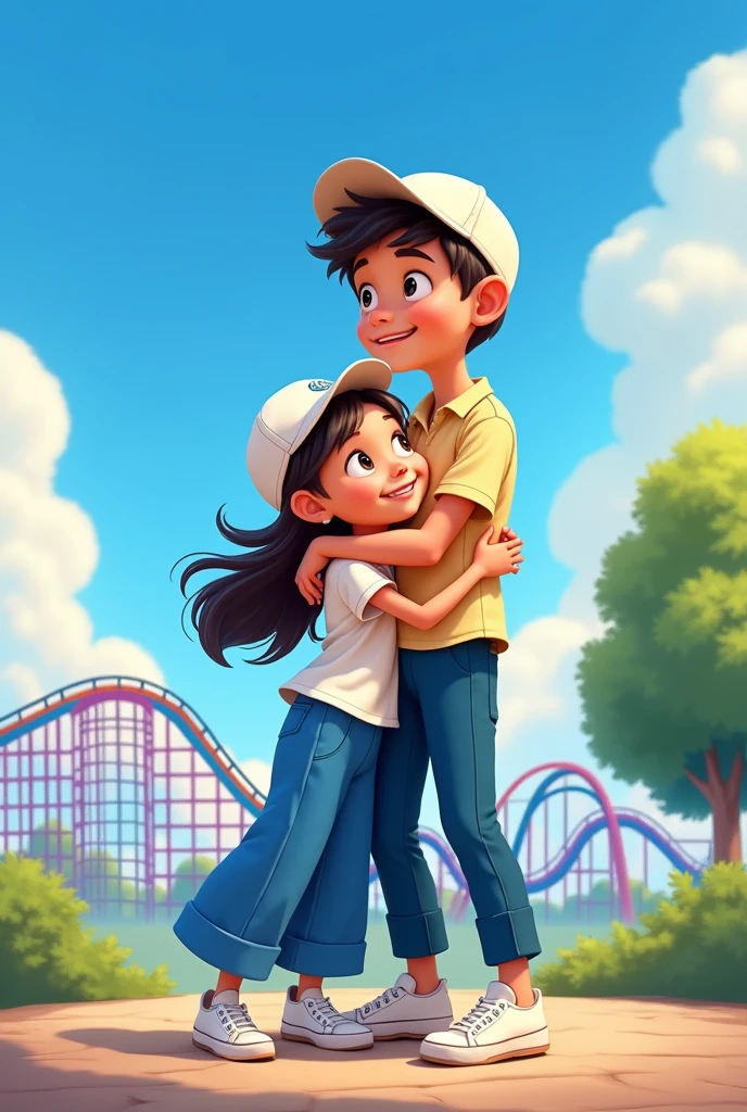 disney pixar cover, Girl with a short white shirt that reaches her navel, she also wears long, wide blue pants and white sneakers, she also wears a white cap with her loose hair that reaches her waist. Next to her, she will hug the boy who is hugging her waist above her shoulders. The boy is taller than her, he will wear a beige shirt and cap., and very dark blue pants down to the ankles and white shoes, In the background there will be a blue sky with white clouds, in the distance you will see a purple and blue roller coaster and on the other side in the distance you will see a tree