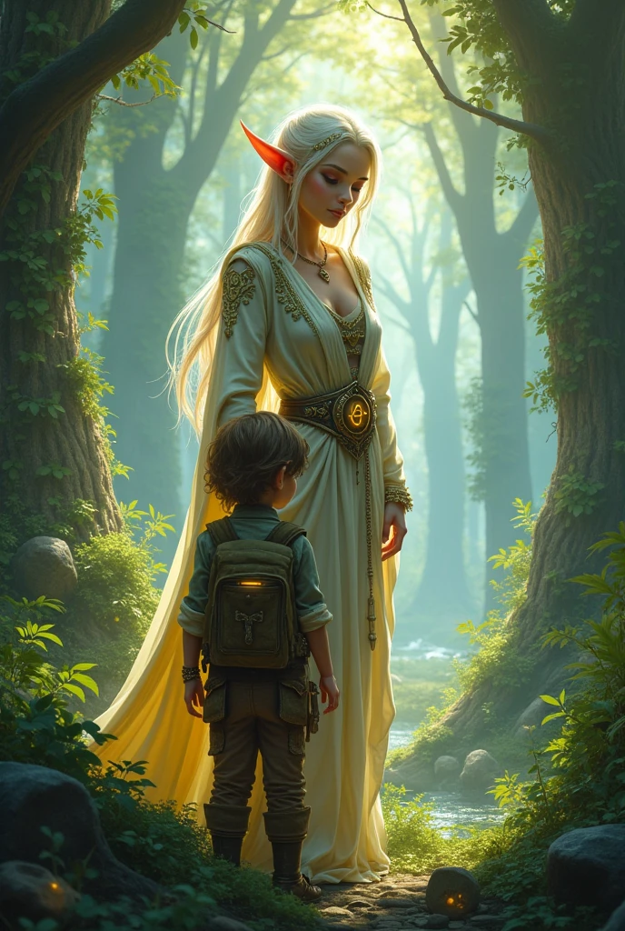A magical elf guardian in a magical forest a young explorer