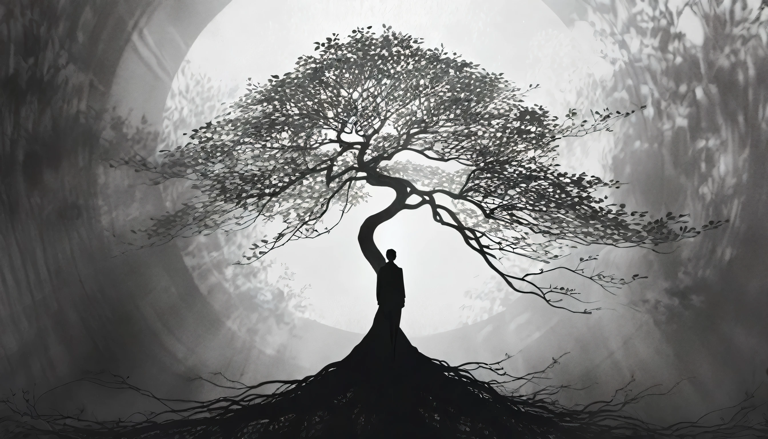 A tree of life next to a faded photograph,minimalist Journey,highres,ultra-detailed,realistic,portrait,monochrome,contrast,bold lines,dark atmosphere,simple composition,dramatic lighting,expressive face,subtle emotions,striking gaze,intense stare,simple clothing,mysterious background,haunting beauty,graceful pose,mysterious aura,vivid black and white tones,ethereal,concept art,journey of self-discovery,quiet introspection,depth of the soul,symbolic representation,minimalist environment,subtle details,emotional depth,striking simplicity,balance of light and darkness,surreal experience,striking shadows,subtle textures,detailed expression,striking visual impact,straightforward yet thought-provoking,wide range of emotional interpretation,shadow,anatomical correct:2
