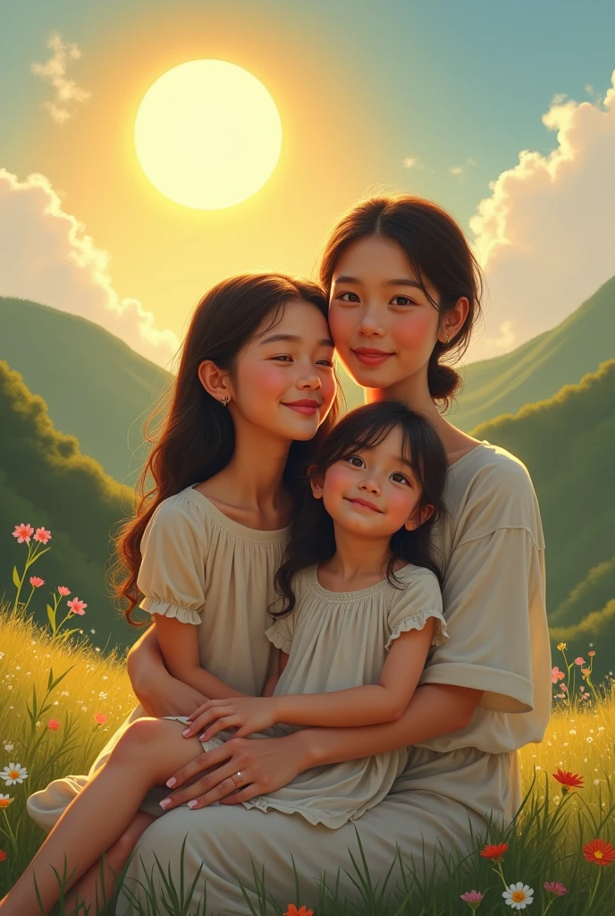 A woman with her two daughters, one on her lap a landscape and sun
