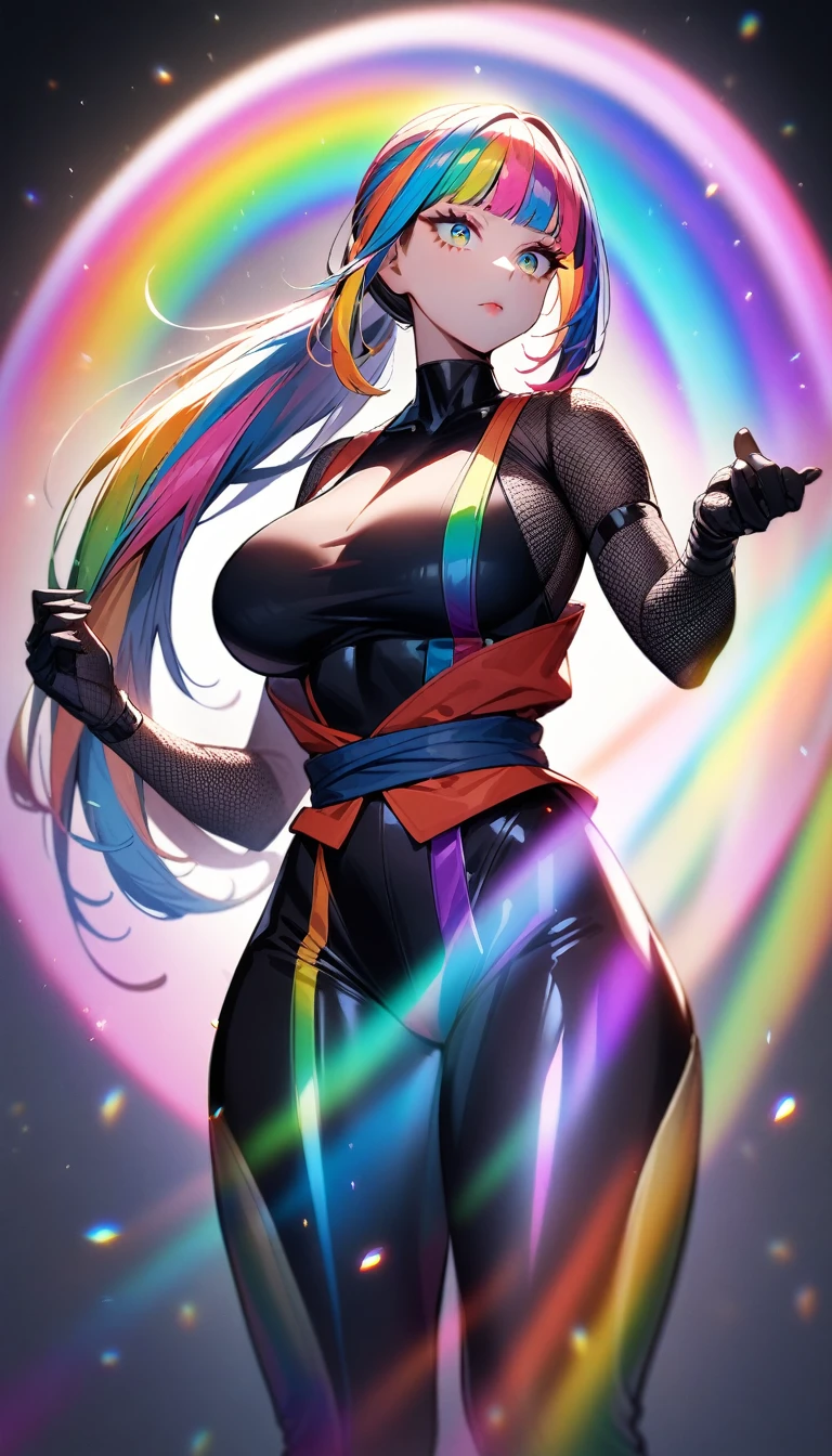 1girl,solo,super detailed skin,shiny skin,expressionless face,smile ,(rainbow colored hair:1.2),straight hair,ponytail,hime cut,eyelashes,lips gloss ,large soft breasts,fullbodysuit,fishnet arms,cleavage cutout,ninja clothes ,cleavage cutout,rainbow magic,simple background,masterpiece,best quality,ultra detailed,high resolution,sharp focus