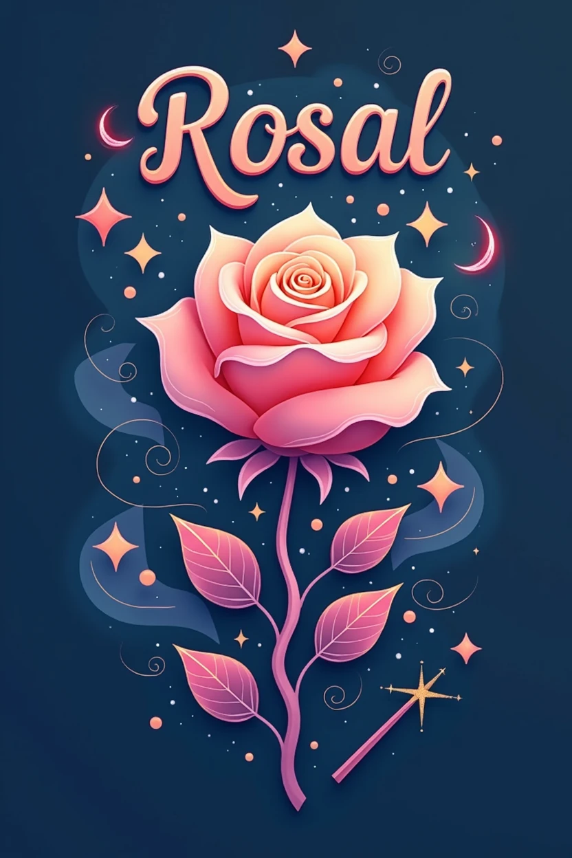 Logo with the word Rosal, Inspired by a rose, a birthday present, a magic wand and stars, like a party  