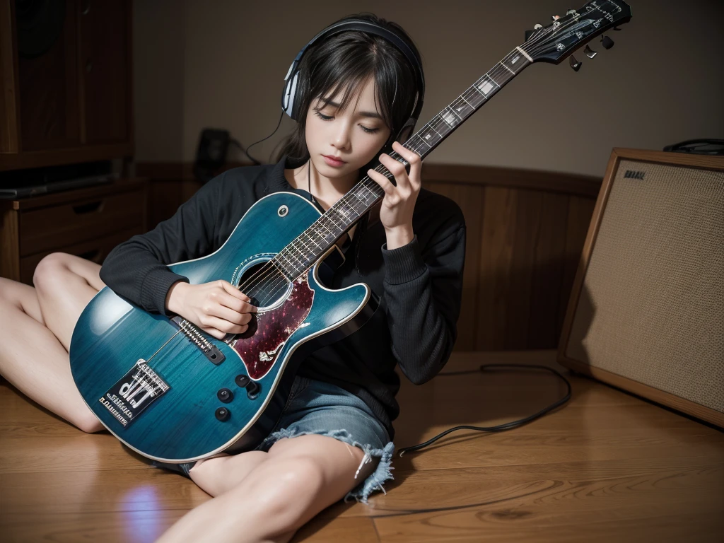Photo with maximum resolution and quality of a guitar, like headphone and microphone in the background of the image. Keep the colors and shading vibrant and the guitar&#39;s three-dimensional appearance. The fund must continue to convey a connection with Brazilian culture."