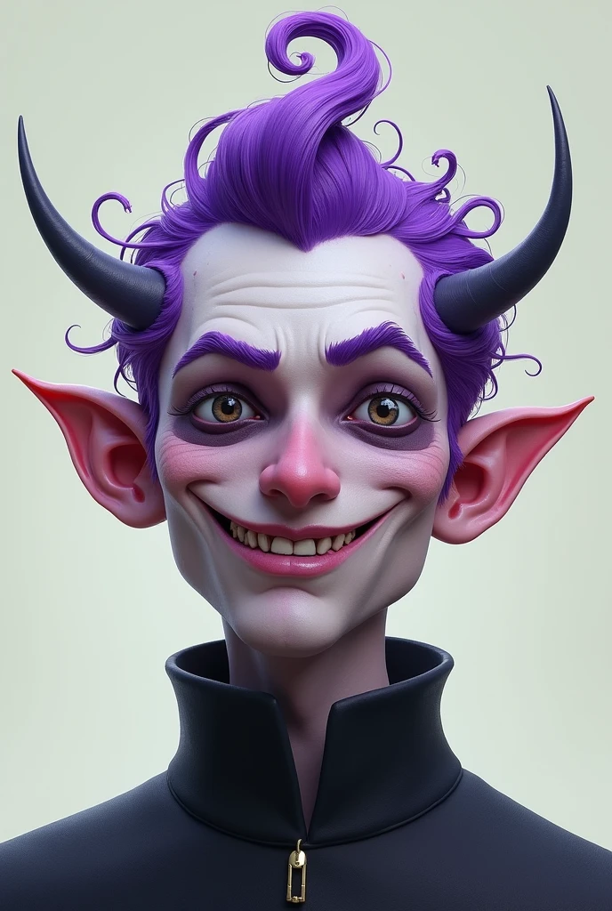 The man has purple hair and slightly long antennae...、He has dark circles and sharp teeth like a shark...、The top of his head has curly hair that resembles the top of a question mark...。A smiling face with one corner of the mouth turned up.。The nose is thin and beautiful..。