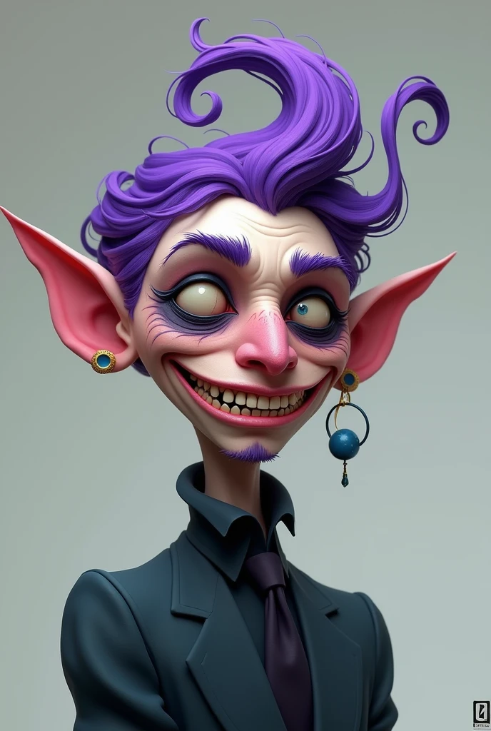 The man has purple hair and slightly long antennae...、He has dark circles and sharp teeth like a shark...、The top of his head has curly hair that resembles the top of a question mark...。A smiling face with one corner of the mouth turned up.。The nose is thin and beautiful..。

