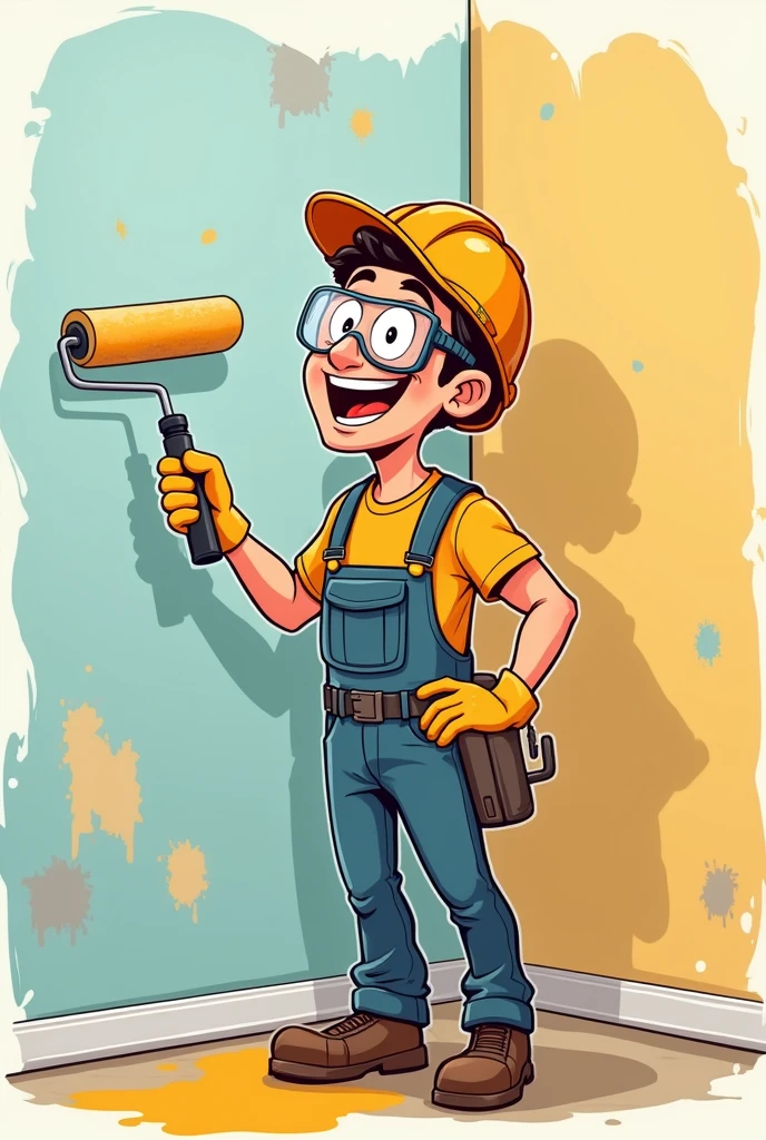 Man painting wall with roller and PPE, with paint-stained clothes and smiling in cartoon style