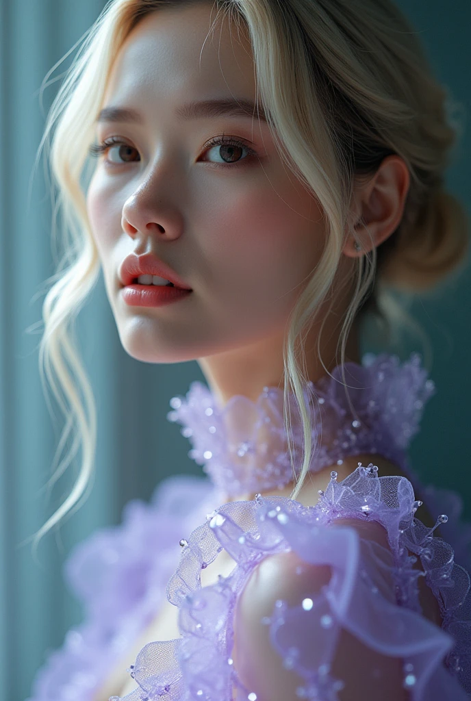 Raw photo, 8k uhd, dslr, soft lighting, high quality, film grain, Fujifilm XT3, close up low angle shot beautiful faceted transparent lavender color crystal dress which a blonde Indonesian girl wears with crystals looking out of the dress, cinematic photo, 18mm f/11 photograph, film, bokeh, professional, 4k, highly detailed, colorful.