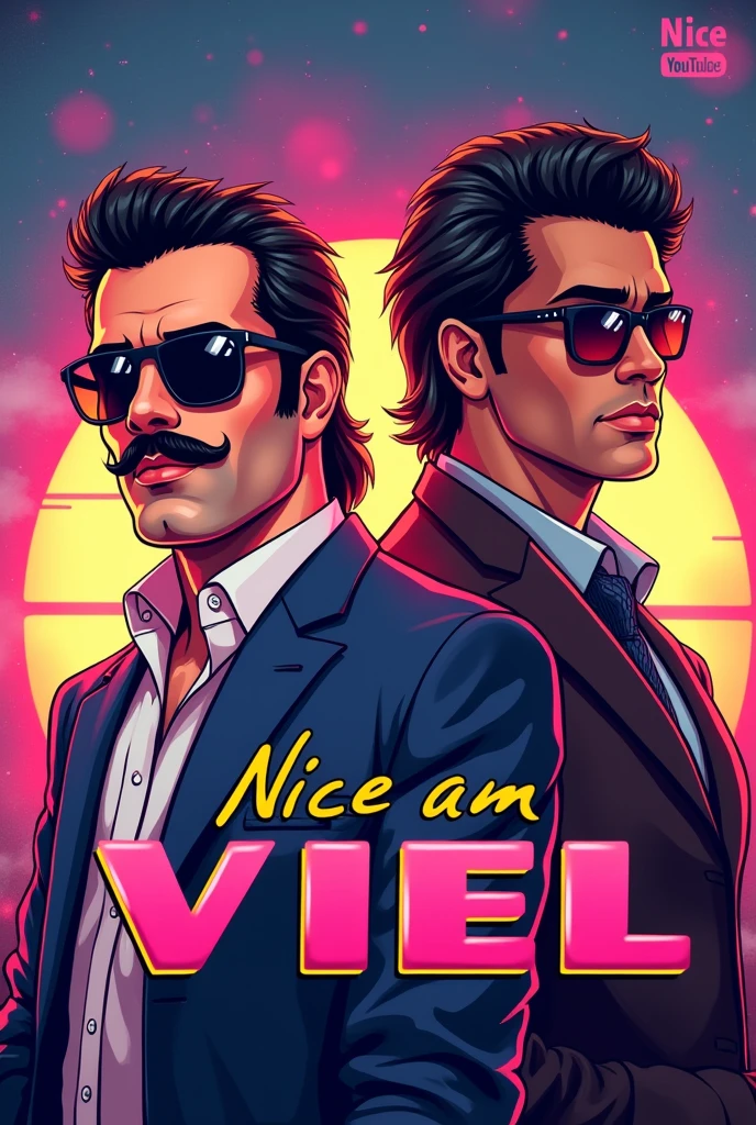 I need  a significant logo for a YouTube channel which contains topics like movies, action figures, cosplays, video games and pop culture. the name of channel is NICE AM STIEL which is a german pun for a popsicle which means EIS AM STIEL in german. please visualize a proper logo with the likeness of a popsicle and everything I mentioned in the description. Be sure that the logo looks like two 80's characters like the main protagonists from MIAMI VICE - made them out of popsicle, one Man has a mustache, a Mullet and a light skin tone and the other Man has slightly longer black hair and a brown skin tone but most importantly the Logo as to feature the name NICE AM STIEL put the Names  "Randy Paradise & Corey Walkman" above that characters