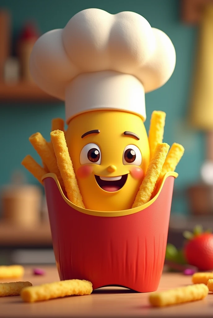 A smiling French fries with an animated chef hat