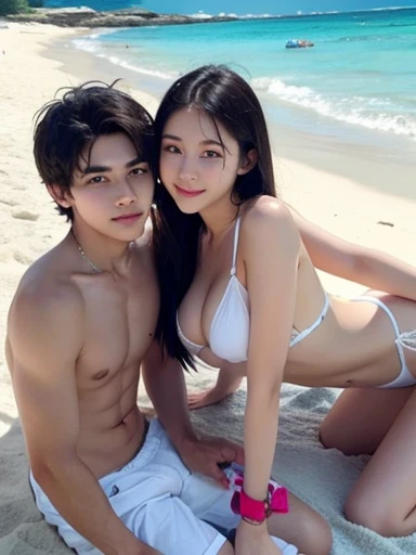 Young mother and  son,Looks similar,love,Wear a white bikini,beach