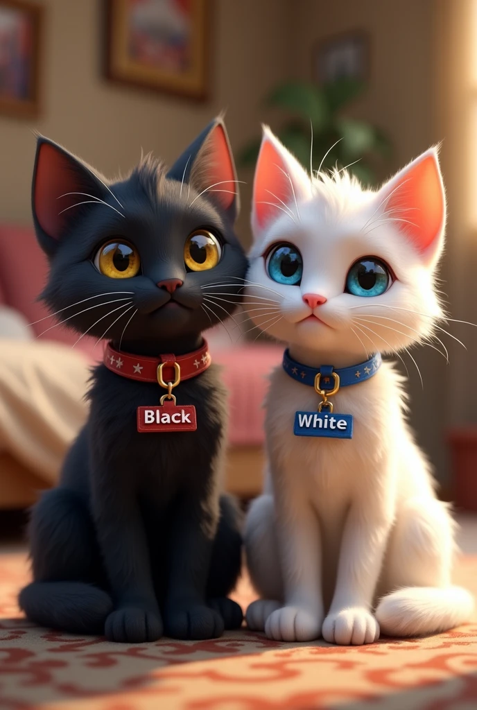 a black cat with the name "Black" written on a red collar and a white cat with the name "White" written on a blue collar