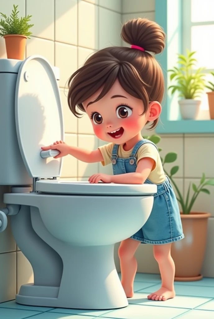 Girl Use the toilet flushers correctly