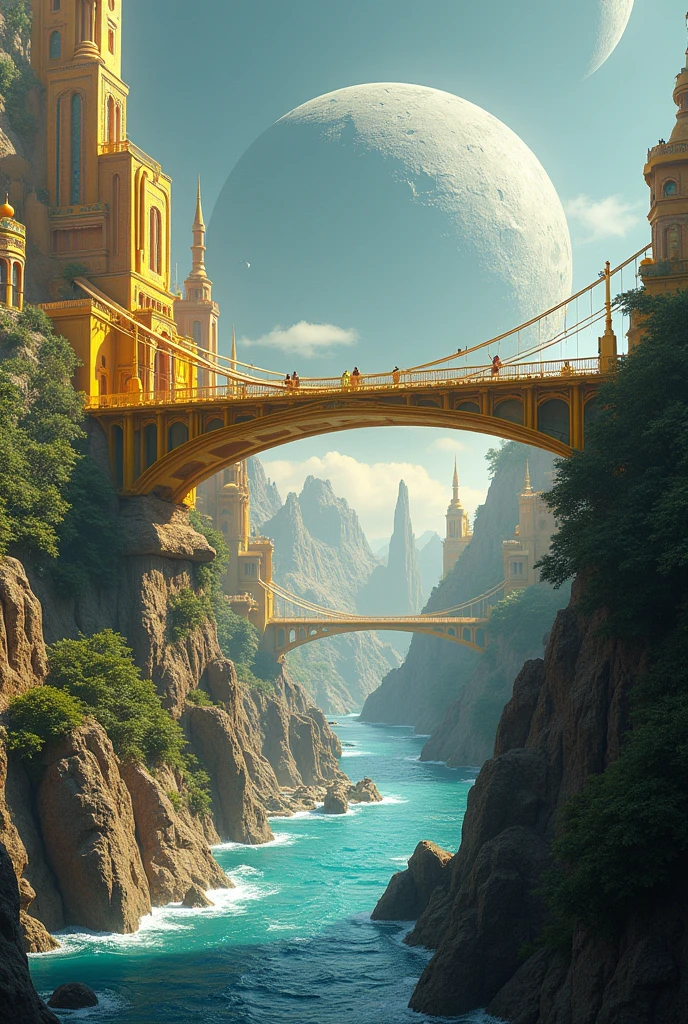 in front, a city stretched out before a golden bridge. Below the bridge there are some streams of water, how to run through tubes; but there are no tubes, but floating rivers. Further down was the surface of the Moon, gris, dry and pale. The city was golden for the most part, but there were other parts of different colors, too far away to know what they were. Plants grew everywhere, including on the bridge.