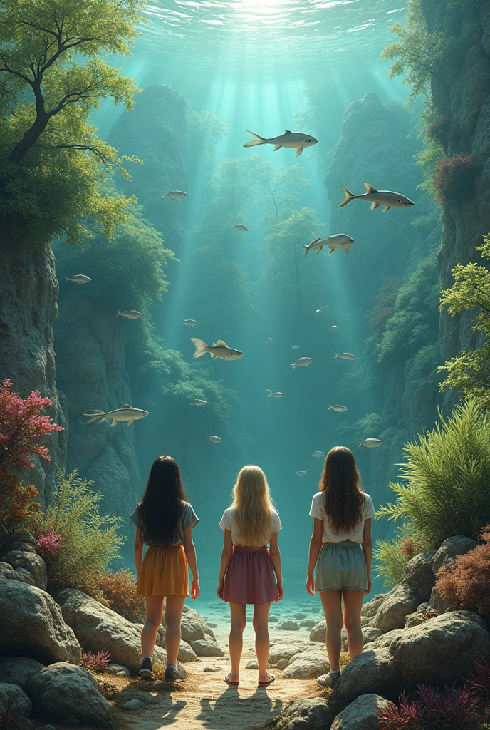 create an image that shows what the earth looked like (including fauna and flora) in the Silurian period (444 to 416 million years ago; Thawing of glacial masses;Covered lands; Land plants and coral reefs; Miniature forests along lakes.by water; Fish and land animals; Predominance of invertebrates) and add three teenage girls to the landscape (one with brown hair, one with blonde hair and the other with dark brown hair0, make this art in realistic style make the girls face the camera, so that we can see their faces, make them normal size, make them face the camera please, so that we can see their faces make the relief stand out more than the girls, give less prominence to the girls and place them within the landscape, as if they were living their lives there, make them face the camera

