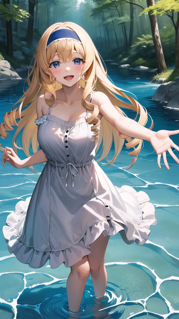 masterpiece, best quality, highres, aacecilia, long hair, curly hair, drill hair, blue hairband, casual, dress, sundress, forest, reaching out, partially submerged, standing, water, smile, open mouth,