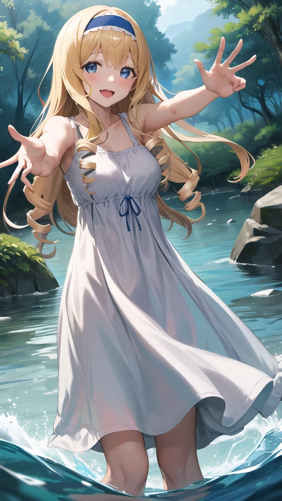 masterpiece, best quality, highres, aacecilia, long hair, curly hair, drill hair, blue hairband, casual, dress, sundress, forest, reaching out, partially submerged, standing, water, smile, open mouth,