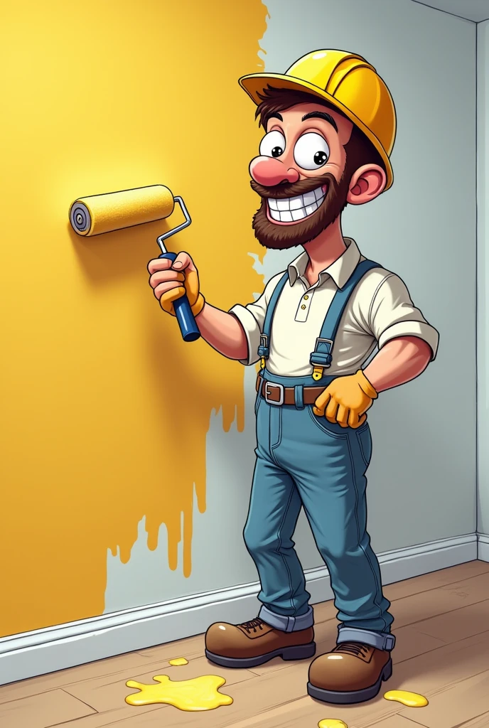 Man painting wall with roller and PPE, with paint-stained clothes and smiling in cartoon style