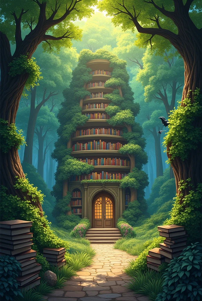 Create an illustration showing a library in the middle of a dense and colorful forest, with trees whose leaves look like book pages, Merging nature with knowledge but not so much AI-created. 

