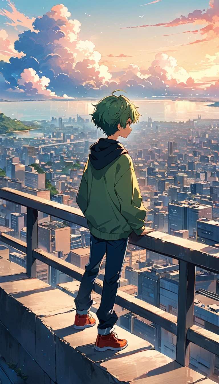 anime boy standing on a ledge looking at the city, anime art wallpaper 8 k, anime art wallpaper 4 k, anime art wallpaper 4k, makoto shinkai cyril rolando, anime wallpaper 4 k, anime wallpaper 4k, 4k anime wallpaper, anime aesthetic, anime style 4 k, anime clouds, anime asthetic, anime vibes, anime picture, anime background
