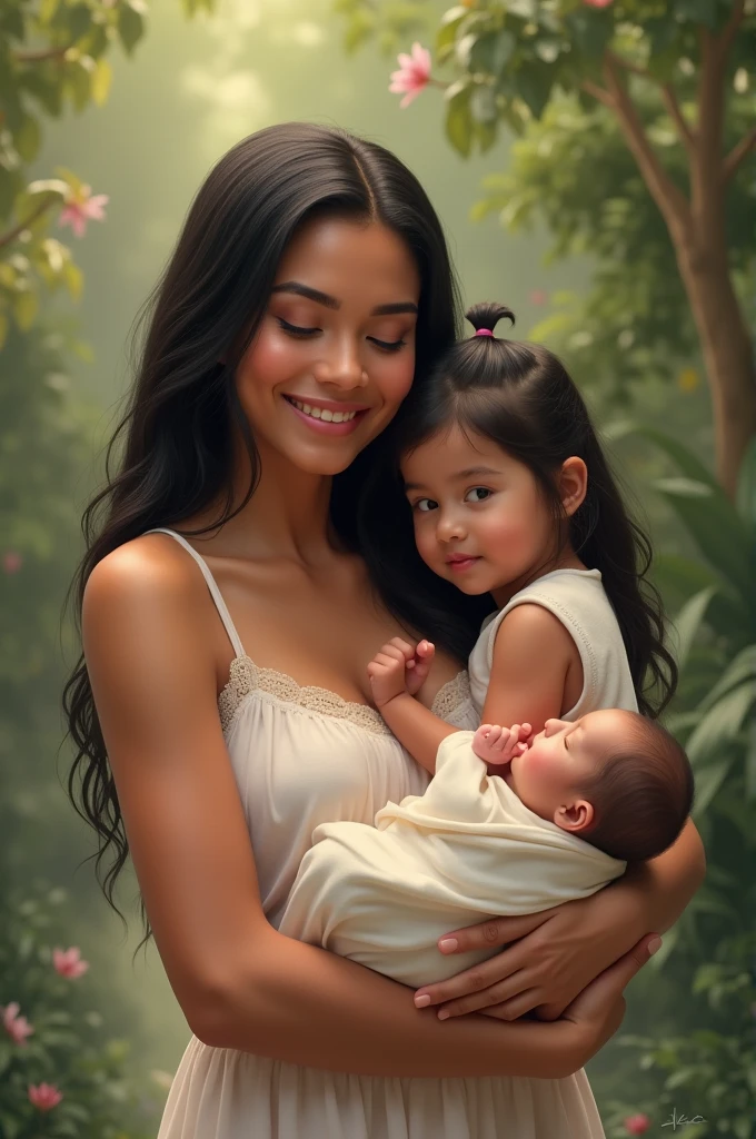 A Brazilian woman, long black straight hair, a daughter in her arms and a 3-year-olldingnds