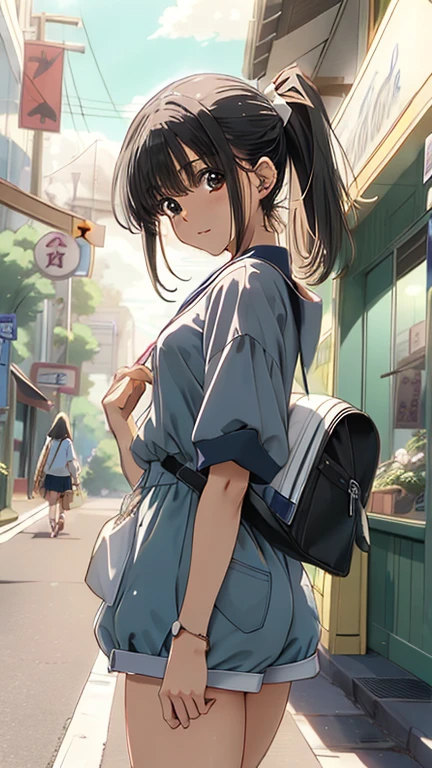 An anime girl wearing blue revealing micro underwear and holding a cross on the street, ponytail、I pulled my shorts down halfway.,Anime fantasy artwork, Detailed digital anime art, Lose Beautiful and detailed anime art, Detailed anime artwork, Advanced Digital Animation Art, Anime fantasy artwork, Popular on Art Station Pixiv, Flop Loss Draw, Fan Art Best Art Station