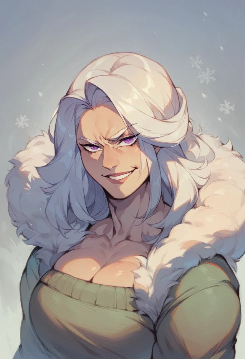 (highest quality,8k ultra), mature woman, muscular, purple eyes, long white hair, sarcastic smile, winter clothing.