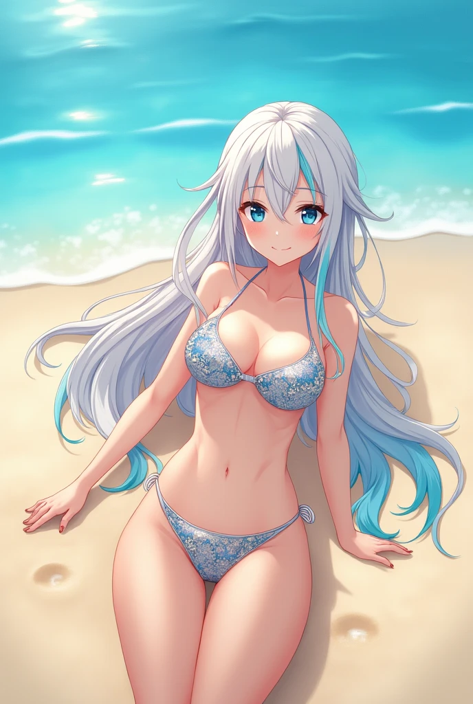 beautiful woman, lying on the sand of a beach, wearing a bikini, long white hair, blue streaks at the ends of the hair , ocean in background, sunlight, relaxed pose, anime style