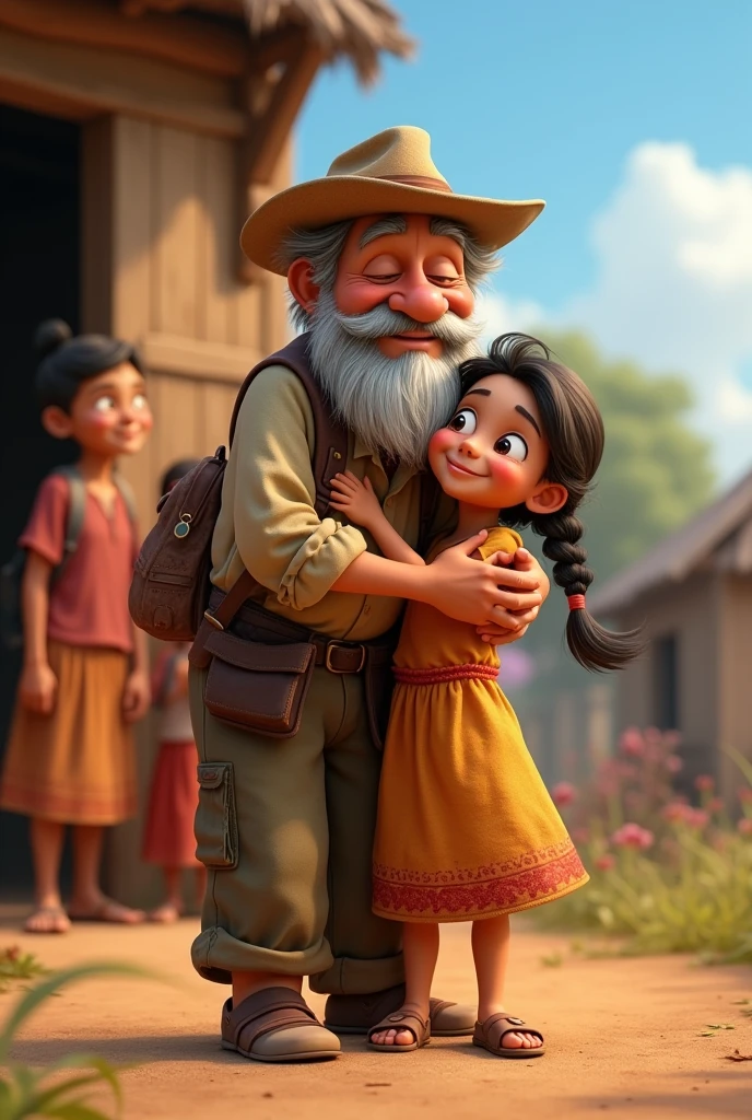 The poor old man returns home with money or gifts, looking very happy. His daughter, now recovered, stands at the door of the hut waiting for him. He embraces her with love and tenderness, and the family members appear behind them happy and cheerful. The village in the background looks bright, with a blue sky and a happy atmosphere. , 3d animation ,disney inspired, 8k