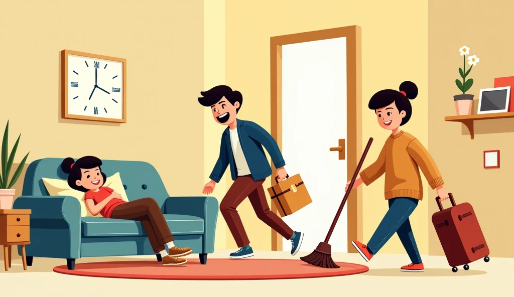 3 PEOPLE IN A ROOM, A SLEEP ON THE SOFA, ANOTHER ONE LEAVING WITH A SUITCASE, AND THE OTHER ONE SWEEPING CARTOON