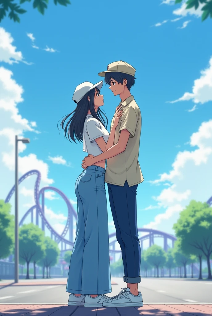 Cover type, Girl with a short white shirt that reaches her navel, she also wears long, wide blue pants and white sneakers, she also wears a white cap with her loose hair that reaches her waist. Next to her she will hug the boy who is hugging her waist above her shoulders. The boy is taller than her. They both look at each other intently and he will wear a beige shirt and cap., and very dark blue pants down to the ankles and white shoes, In the background there will be a blue sky with white clouds, in the distance you will see a purple and blue roller coaster and on the other side in the distance you will see a tree