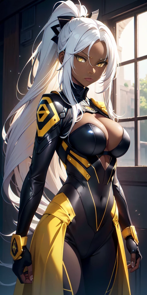 (best quality, 4k, high resolution: 1.2), anime, drawing, portrait, masterpiece, best quality, absurdities, (Official art, masterpiece, 8k, HD, ultra-detailed), ultra-detailed, portrait of a beautiful woman from dark skin, 32 years old, wearing combat gear, (yellow eyes: 1.4), expressive eyes, details in the eyes, white eyelashes. A woman with dark skin, dark skin, dark skin, tanned skin, (perfect anatomy: 1.4), (highly detailed shading: 1.2), perfect shadows, perfect lighting, hdr, cowboy photo, glowing skin, (black combat suit: 1.3), beautiful body, crazy resolution, CG wallpapers, beautiful face, detailed hands, AI generated, complex, high resolution, highest quality, super high quality, 2D images, 2D images, one person , Long white hair, ponytail, wavy hair, Anime woman posing for a photo, yellow eyes、(Bright eyes: 1.3), a hyper-realistic, hyper-realistic, realistic anime woman with long white hair, anime smooth CG art, (dark skin: 1.3), mature body, (large breasts: 1.1)