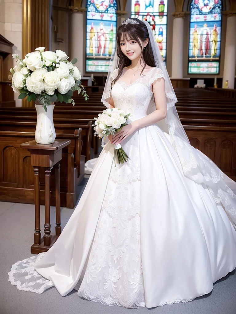 Photo-realistic quality、a woman in a Wedding dress holding a bouquet of flowers、Standing in front of the church、20 year old Japanese model、白のWedding dress,Hanae Mori style wedding dress、Japanese Idol、lace prom dresses、looking at the camera、Cute smile、Handsome、Clean atmosphere、Relaxed and gentle expression、tsnndrinsholding a bouquet, Wedding dress, So magical and dreamy、35ｍｍ Lens aperture F2.Shot at 8、Full body photo、From head to toe、A long, wide wedding dress that covers the feet、Narrow waist