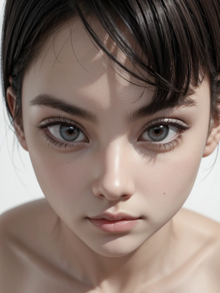 Cartoon 3d, white background, adult woman, very short black hair, big brown eyes happy