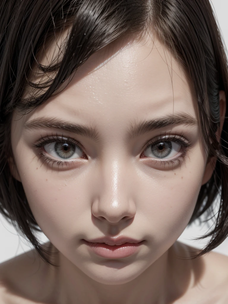 Cartoon 3d, white background, adult woman, very short black hair, big brown eyes happy