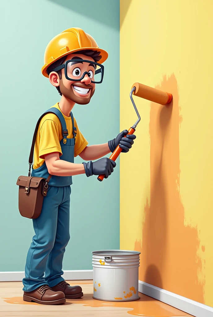 Man painting wall with roller and PPE, with paint-stained clothes and smiling cartoon logo