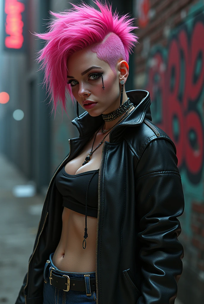 (Masterpiece:1.2, Best quality), (real photo, Intricate details), (1lady, solo, Upper body, huge breast) ,all body,clothes:advance guard,advance guard,Experiment with appearance:Shave your head or bold hair color in pigtails,Dramatic makeup,Unconventional fashion choice behavior:rebel、Not conformist、Provocation location:Urban Arts District、Underground music venues Hobbies:Take part in a punk show、Create mixed media art、Try different subcultural values:personality、authentic、Creative expression of inspiration:Punk rock music、Counterculture icons,Avant-garde art movement character traits:daring、daring、act outside the box。
